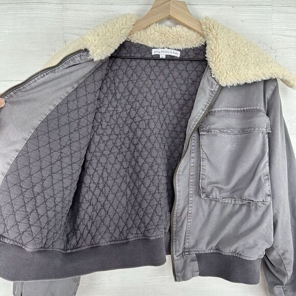 Revolve Young Fabulous & Broke Crop Jacket Women L Earhart Gray Sherpa Collar - Picture 7 of 16